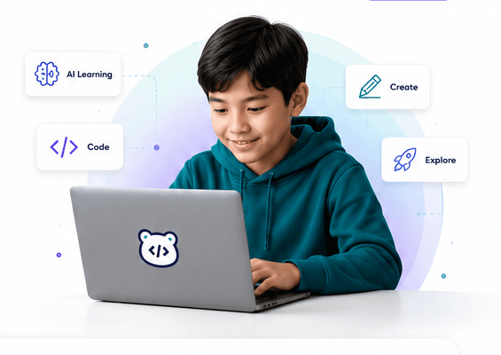 A young student coding on a laptop with a ByteBear sticker, surrounded by AI Learning, Code, Create, and Explore badges